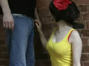 Beautiful lady blowjob and handjob in front of wall